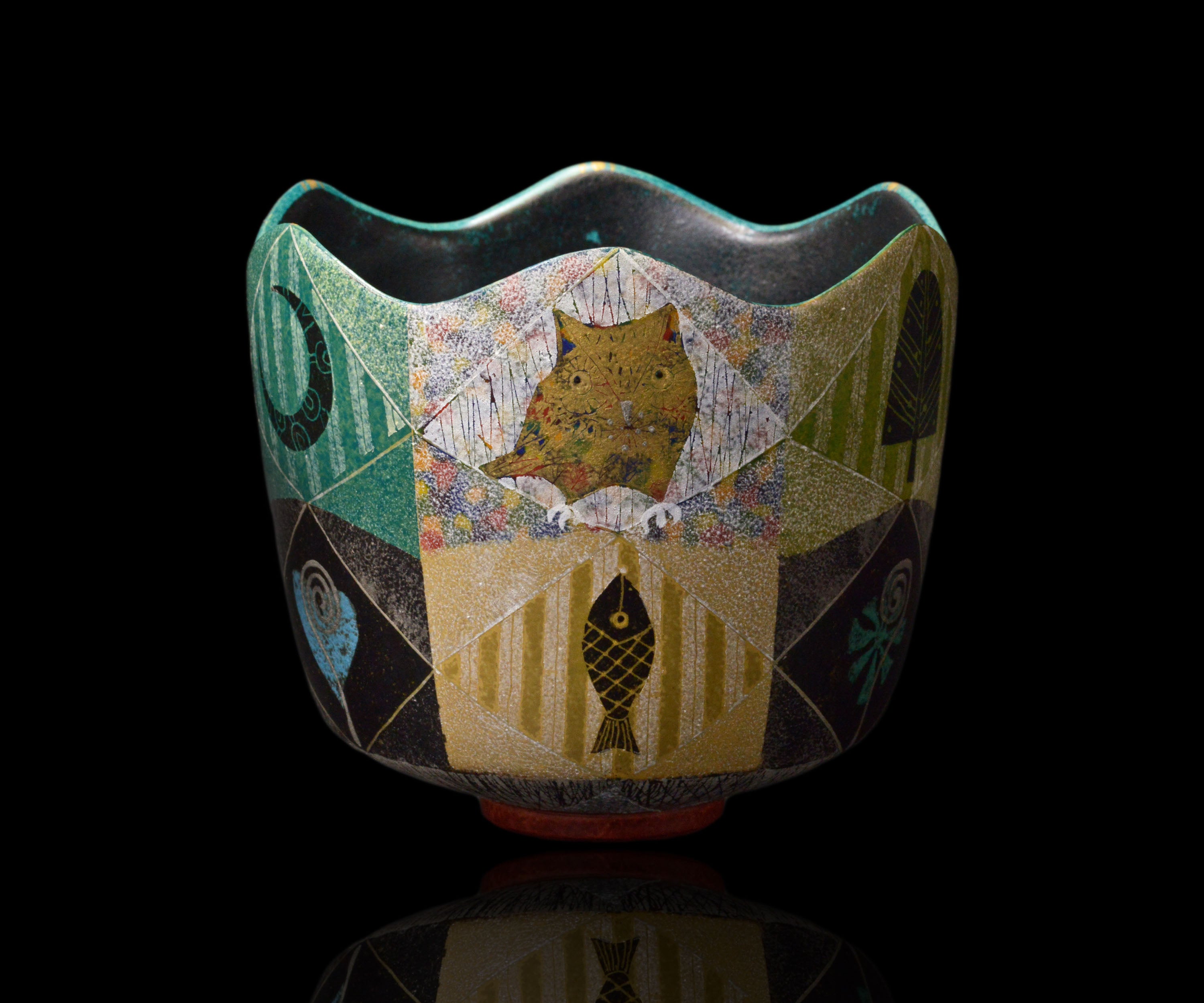 人気作家 伊藤 北斗 釉刻色絵金銀彩 茶入 バラ 魚 四方桟 共箱